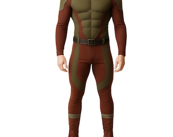 May include: A full-body costume in shades of brown and olive green, featuring a round neck and long sleeves. The design includes a belt and boots, with a padded chest and shoulder detail. The outfit is form-fitting and appears to be made of a flexible material.