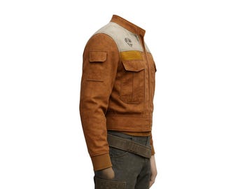 May include: A brown jacket with a light beige shoulder and collar. The jacket has two front pockets and a small emblem on the shoulder. The jacket has a yellow stripe across the chest and is worn with gray pants.