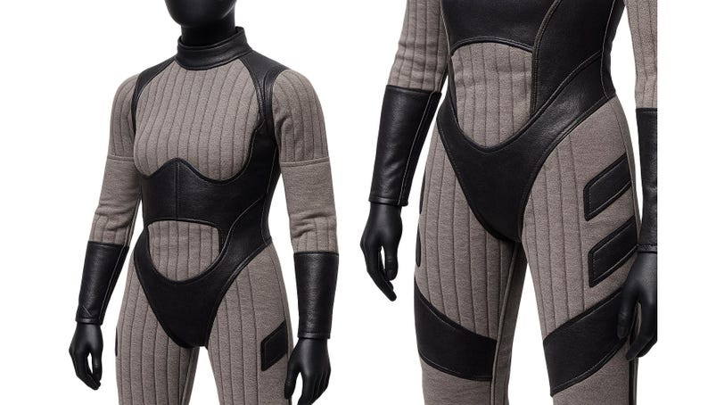 May include: A gray jumpsuit with vertical ribbed texture, featuring black leather-like accents on the bodice, sleeves, and legs. The jumpsuit has a high collar and long sleeves, with black gloves. The design includes padded details.