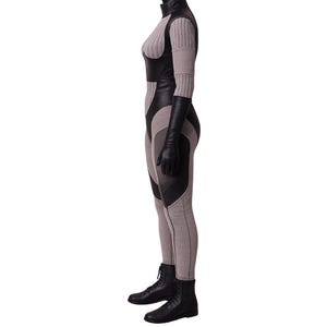 May include: A full-body jumpsuit in shades of gray and black. The suit features a high collar, long sleeves, and a form-fitting design with panels of black material. The outfit is completed with black gloves and boots.