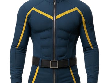 May include: A navy blue jumpsuit with yellow accents on the shoulders and arms. The suit features a full-length zipper, a black belt with a square buckle, and black gloves. The design includes padded sections to simulate a muscular physique.