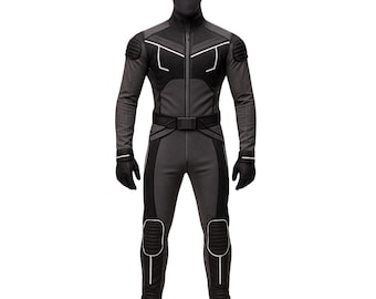 May include: A full-body black and gray jumpsuit with a matching hood. The suit features white accent lines, padded shoulders, a belt, gloves, and boots. The design is sleek and modern, suitable for cosplay or costume events.