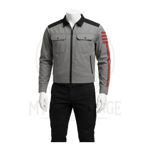 May include: A gray jacket with black shoulder accents and a black collar. The jacket has two chest pockets and a red stripe design on the left sleeve. The jacket is paired with black pants.