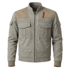May include: A grey jacket with a stand-up collar, two chest pockets, and two lower pockets. The shoulders have tan patches, and a red stripe is on the upper left chest. The jacket has a zip closure and ribbed cuffs.