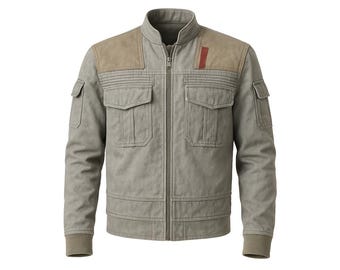 May include: A gray jacket with a stand-up collar, two chest pockets, and two lower pockets. The shoulders have tan patches, and a red stripe is on the upper left chest. The jacket has a zipper closure and ribbed cuffs.