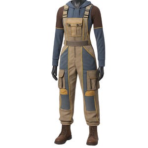 以下が含まれることがあります： マネキンの全身コスチューム。青いフード付きシャツ、茶色とタン色のオーバーオール、複数のポケット、ベルト、茶色のブーツが含まれています。コスチュームは、カラーブロックパターンを備えた実用的なデザインです。