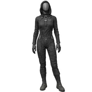May include: A black jumpsuit with a hood, long sleeves, and fitted silhouette. The garment features multiple buckles, straps, and a zipper closure. The jumpsuit includes gloves and boots, creating a complete outfit.