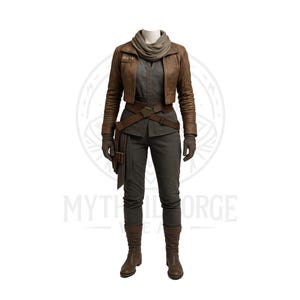 Può includere: Un completo costume composto da una giacca di pelle marrone, una camicia grigia, pantaloni, guanti e stivali. La giacca ha un design corto con maniche a coste. L'outfit include una cintura marrone e una sciarpa. Il costume è esposto su un manichino.