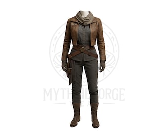 May include: A complete costume set featuring a brown leather jacket, gray shirt, pants, gloves, and boots. The jacket has a cropped design with ribbed sleeves. The outfit includes a brown belt and a scarf. The costume is displayed on a mannequin.