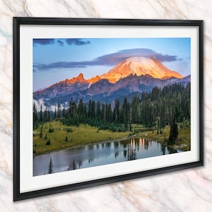 Mount Rainier Sunrise Print, Tipsoo Lake Lenticular Cloud Landscape Art