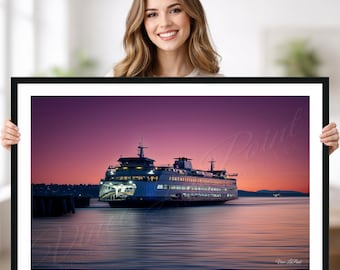 Konsttryck vid Seattle Ferry Sunset, Elliott Bay-skymning