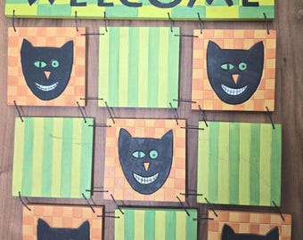 Vintage Debbie Mumm Wooden Halloween Black Cat Tic-Tac-Toe Welcome Sign
