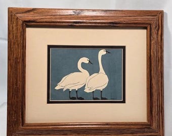 Vintage 1987 Swan Art Print Framed Folk Art Bird Wall Decor