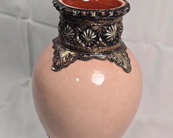 Pink Ceramic Vase Moroccan Style Metal Overlay Moorish Decor