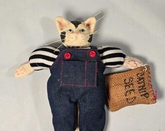 Folk Art Cat Figurine Billy Denim Overalls Rustic Farmhouse Decor