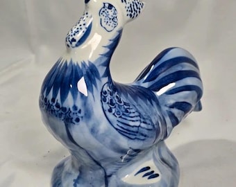 Blue White Porcelain Rooster Figurine Cobalt Farmhouse Decor