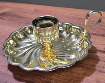 Vintage Gold Plated Chamberstick Retro 3.5" Swirled Metal Finger Loop