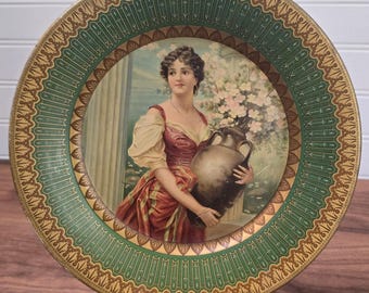 Antique 1905 Vienna Art Plate Woman with Water Urn Tin Lithograph 10"