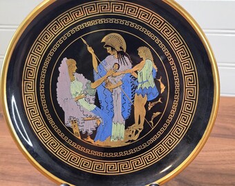 Plato de pared negro vintage hecho a mano con motivos de mitología griega y detalles en oro de 24 quilates, 7 pulgadas.