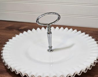 Vintage Fenton Silver Crest Milk Glass Handled Tidbit Platter Ruffled Tray