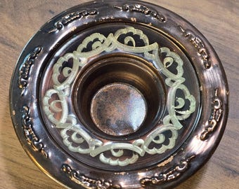 Vintage Copper Chamberstick Candle Holder Etched Ribbon Scroll Saucer Dish