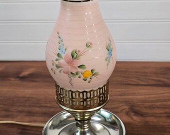 Vintage Hand Painted Pink Hurricane Lamp Ruffled Milk Glass Electric Light