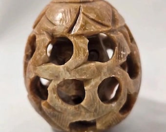 Carved Soapstone Owl in Openwork Floral Sphere Stone Figurine
