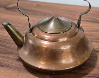 Vintage Daalderop Copper Brass Tea Kettle Wicker Handle Made in Holland