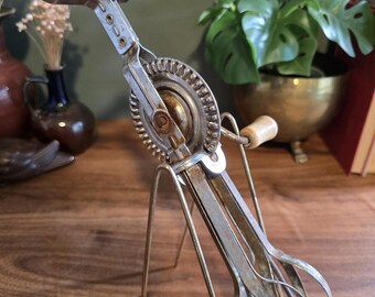 Vintage Rotary Hand Mixer / Egg Beater with Wooden Handles & Display Stand