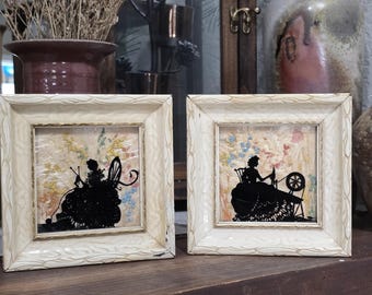 Vintage Wildblumengerahmte Silhouette Kunst - 2er-Set