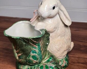 Vintage Ceramic Bunny Rabbit Cabbage Planter Easter Cottagecore Decor