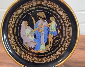 Vintage Handcrafted Greek Mythology Black Wall Plate 24K Gold Trim 7"