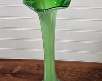 Vintage Green Cased Glass Jack in the Pulpit Vase Mid Century Footed Art Glass