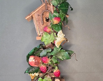 Rustic Wooden Birdhouse Table Decor with Faux Berries and Red Bird