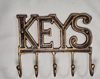 Cast Iron Style KEYS Wall Hook Rack 5 Hooks Antique Brass Finish Key Holder