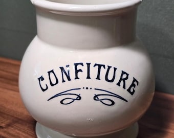 Vintage Sigma Howard Kaplan French Confiture Jar White Blue Crock 6in
