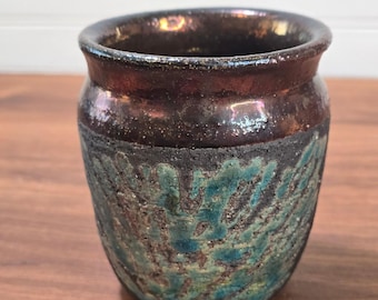 Vintage Brutalist Studio Pottery Metallic Lava Glaze Turquoise Art Vase Cup