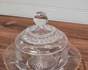 Vintage Clear Glass Round Domed Butter Dish Wheel Cut Floral Gold Trim