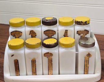 Vintage Griffith's Milk Glass Spice Jars Yellow Lids WWII Plastic Rack 10pc