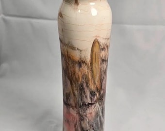 Tall Marbled Art Glass Vase Cream Brown Abstract Flared Rim 10.5"