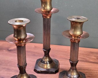 Vintage Corinthian Fluted Pillar Candlesticks Mixed Metal 3 Piece Trio Set