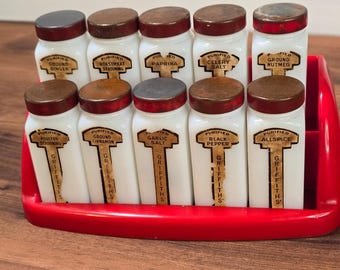 Vintage Griffith’s Milk Glass Spice Jars Red Plastic Rack Set of 10 Art Deco