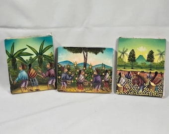 3 Signed Cortez Guatemalan Folk Art Paintings Maya Harvest Scenes