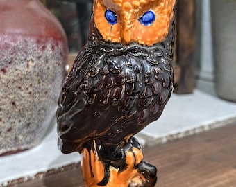 Vintage 1970s Keramik Eule Figur, MCM Gebrannte Orange & Braune Tropfglasur