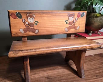 Vintage Wooden Teddy Bear Bench - 12" Doll & Stuffed Animal Display