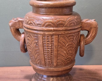 Vintage Hand Carved Wood Amphora Vase with Rings