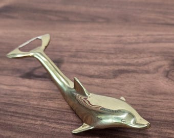 Vintage Solid Brass Dolphin Bottle Opener Nautical Coastal Barware Figurine
