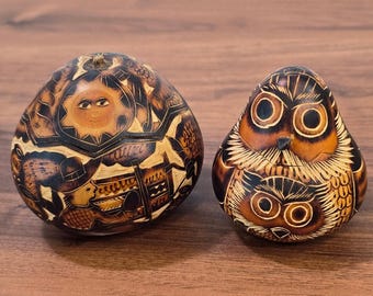 Vintage Peruvian Hand Carved Gourd Trinket Boxes Owl Sun Storyteller Set
