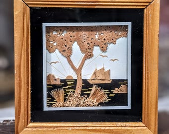 Vintage 1970er Jahre chinesisches Kork-Diorama, 3D handgeschnitzte Meerlandschaft Schaukasten