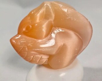 Carved Stone Squirrel with Acorn Figurine Peach Alabaster Style Decor
